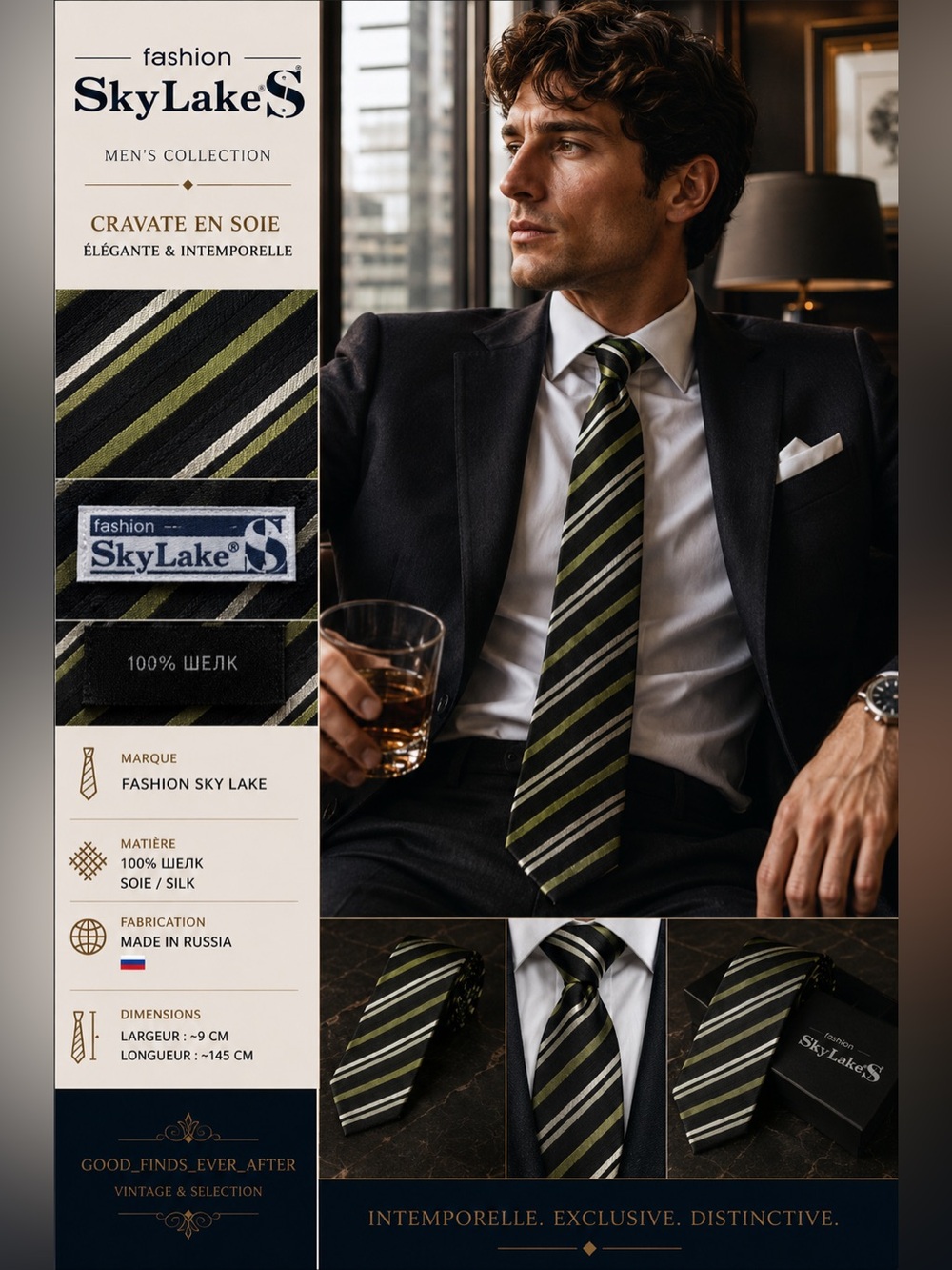 Fashion SkyLake - Green & Black Striped Silk Tie for Men